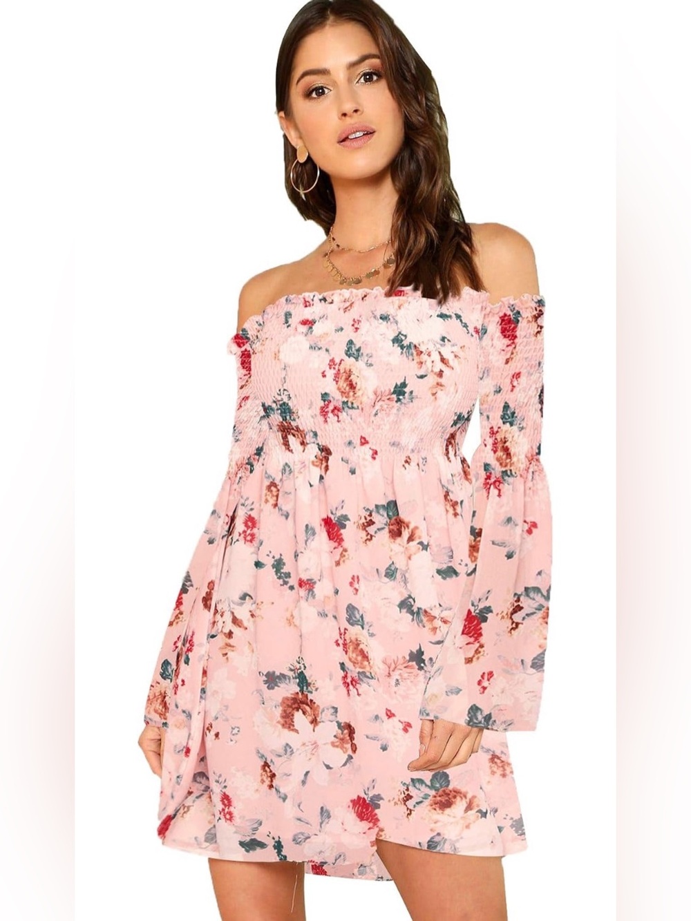 Women's Casual Floral Print Off Shoulder Trumpet sleeve swing dress